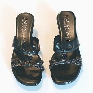 New! Italian Shoemakers Black Faux Leather Wedge Heel Sandals Shoes 11 Wide 11W